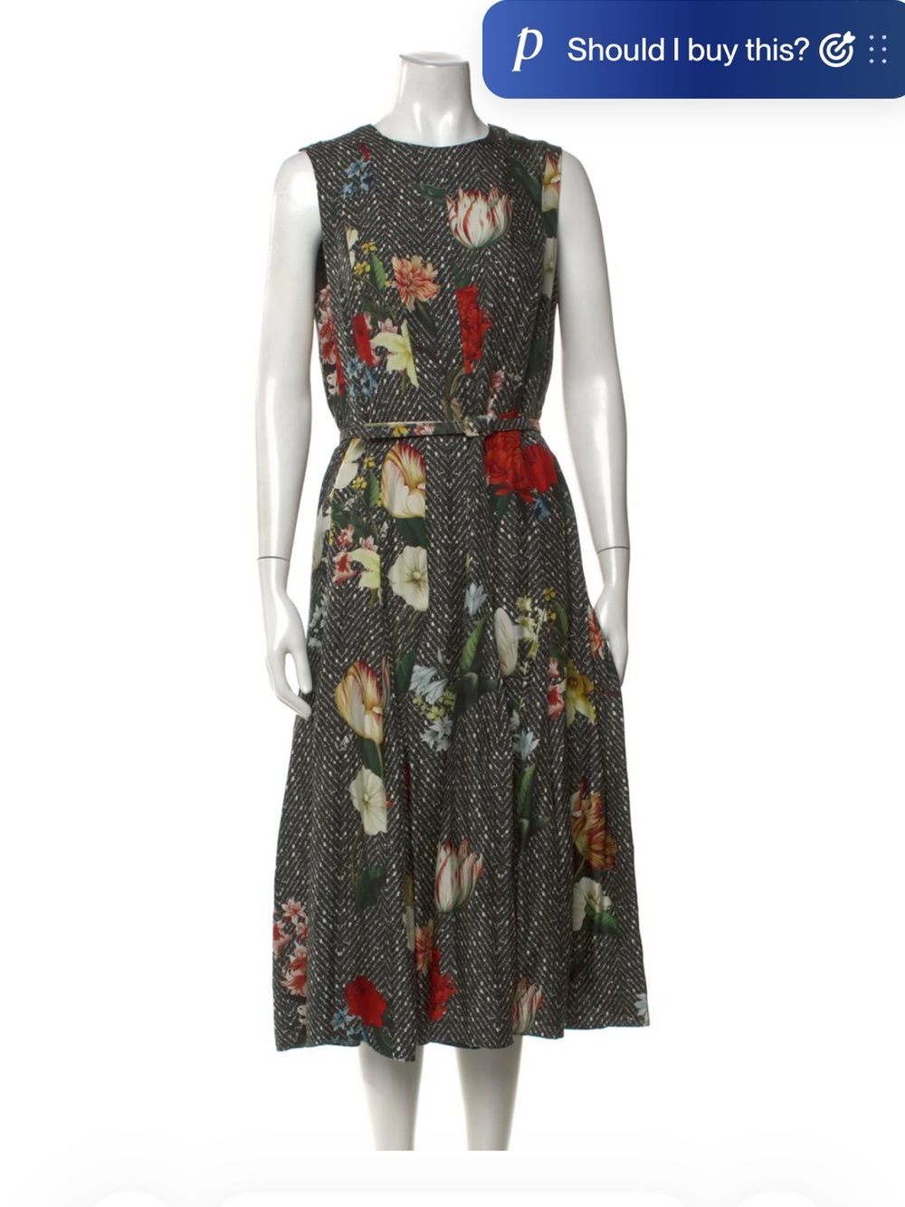 Oscar de la t Charcoal Floral Silk Midi Dress with Red and Cream Blooms